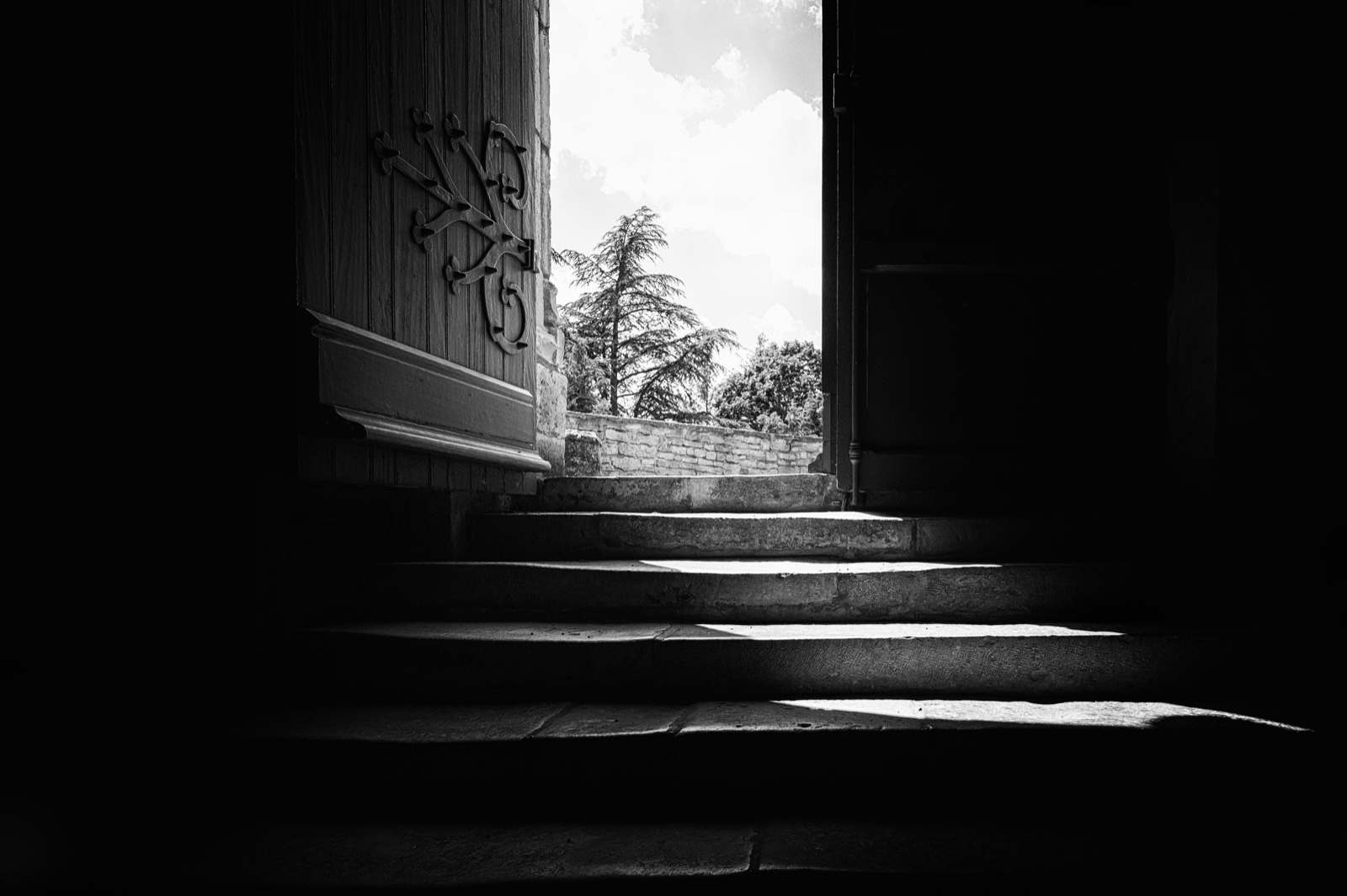 Depuis un int&eacute;rieur sombre, une porte ouverte laisse voir la lumi&egrave;re et des arbres.